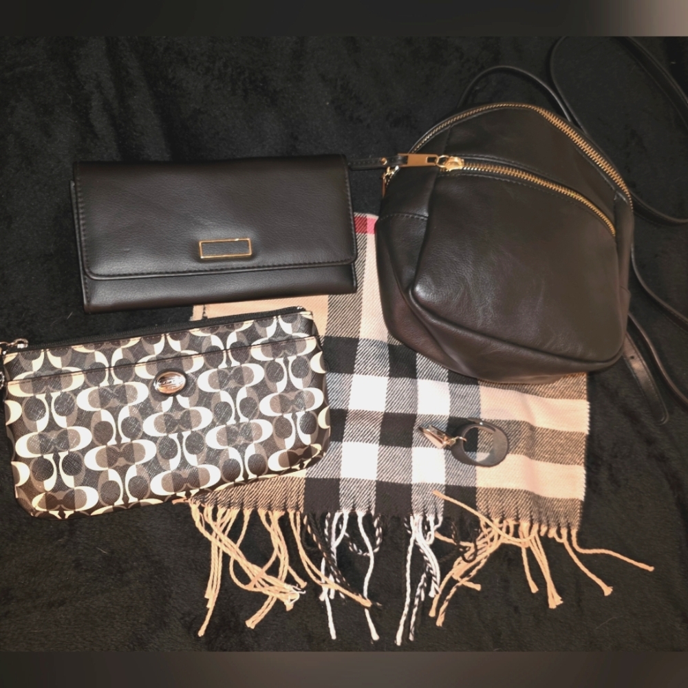 FALL BUNDLE: Black Leather Crossbody/MINI BACKPACK, Coach Large Wallet, Scarf